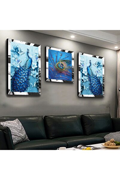 Zevahir Mobilya Dekorasyon Gümüş Aynalı Pleksi Çerçeveli Mavi Tavus Kuşu Üçlü Mdf Tablo Seti Ve Saat Seti