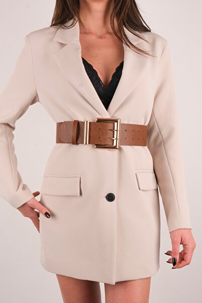 LİA KEMER Kadın Gold Kare Çift Dilli Geniş Tokalı Kemer Bel Kemeri Ceket Kemeri Elbise Kemeri Pantolon Kemeri