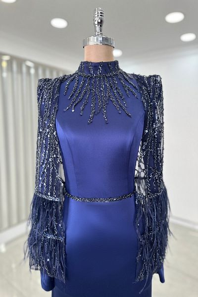 Rana Zenn Navy Blue Sleeves Sequin Detail Satin Mademoiselle Evening Dress