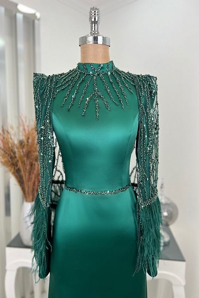 Rana Zenn Emerald Knobs Feathered Sequins Detail Satin Matmazel Evening Dress