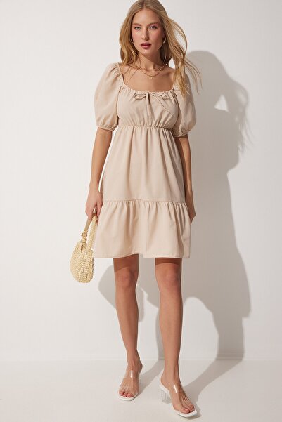 Happiness İstanbul Büzgülü Yaka Kloş Poplin Elbise