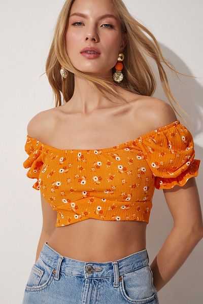 Happiness İstanbul Geblümte, kurz geschnittene Strickbluse mit Carmenkragen