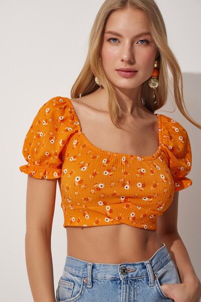 Happiness İstanbul Floral Πλεκτή Μπλούζα Carmen Collar Crop