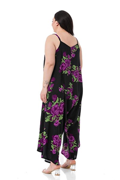 DISENTIS MODEST Plus Size Adjustable Rope Strap Woven Viscose Lilac Floral Women's Jumpsuit