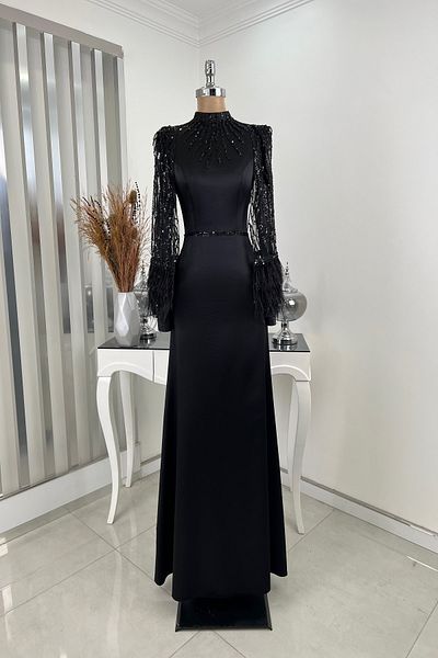 Rana Zenn Satin Matmazel Black Evening Dress - Feathered Sleeves and Sequin Detail