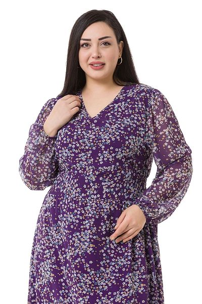 DISENTIS MODEST Plus Size V-Neck Waist And Sleeve Elastic Chiffon Long Lined Damson Dress