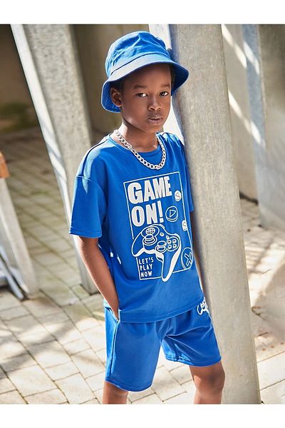 LePold Blue Color PS Printed Girl/Boy Children's Pocket Shorts T-Shirt Set