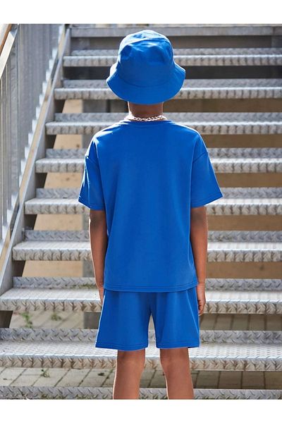 LePold Blue Color PS Printed Girl/Boy Children's Pocket Shorts T-Shirt Set