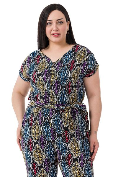 DISENTIS MODEST Plus Size V-Neck Buttoned Front Low Sleeve Black Women's Jumpsuit with Elastic Waistband and Belted Pockets