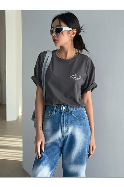 AFROGİYİM Καπνιστό γυναικείο μπλουζάκι με αθλητικό στάμπα