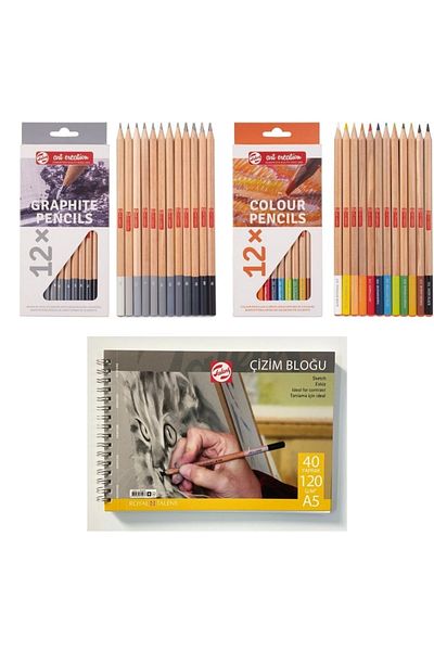 Talens Sketch Starter Set - A5 Notebook - 12-Piece Graduated Pen Set and 12-Piece Dry Paint Set