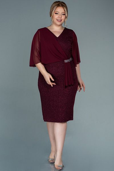 Abiyefon Burgundy Short Sleeve Glitter Midi Plus Size Evening Dress Abk1610