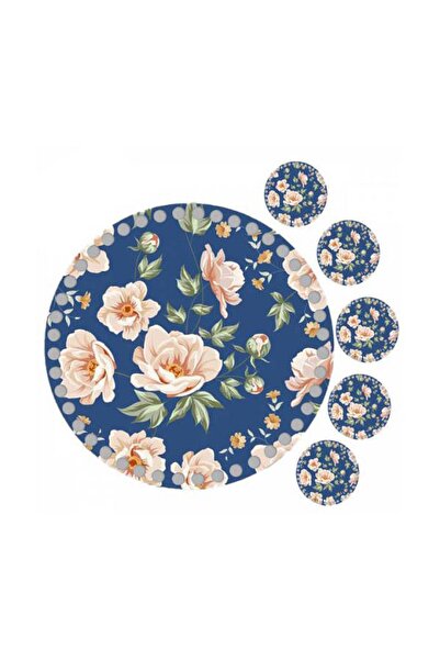 GRAFİLLİ DESİGN لوحة قاعدة خشبية محبوكة مطبوعة على شكل زهرة زرقاء 30 سم، 5 قط...