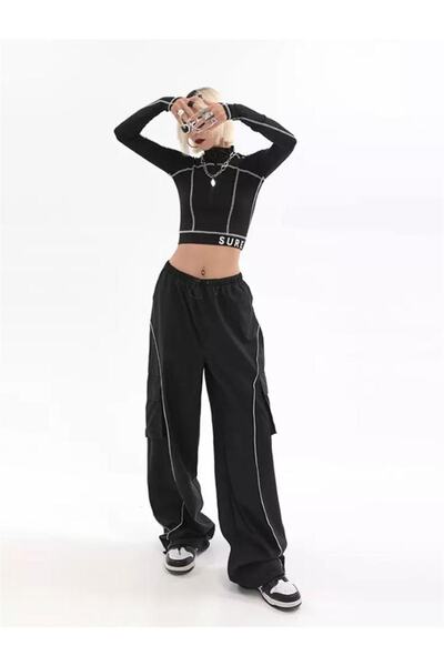 Touz Cargo Pocket Lines Detail Wide Leg Tracksuit Black Parachute Cargo Pocket Sweatpants