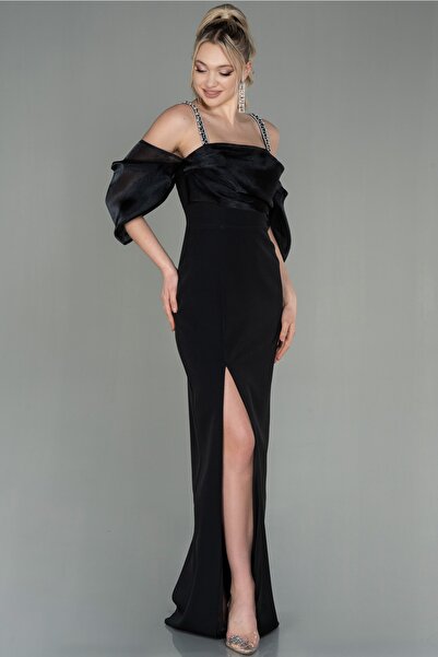 Abiyefon Siyah Askılı Kol Aksesuarlı Yırtmaçlı Uzun Abiye Abu2911