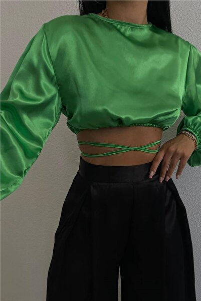 lovebox Γυναικεία μπλούζα με κορδόνια στην πλάτη με λεπτομέρειες Satin Green Crop 5319