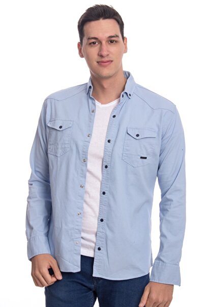Denfa Moda Erkek Çift Cep Kapaklı Kot Çıt Çıt Düğmeli Slim Fit Açık Mavi Gömlek