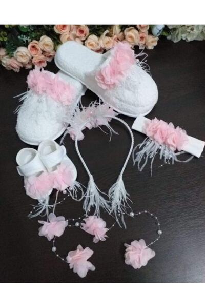 ecrin tuhafiye hobi Pembe Lohusa Terlik Taç Seti