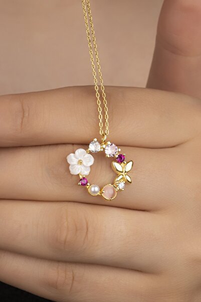 Silvano Jewelry 925 Ayar Gümüş Gold Sedefli Güllü Kolye