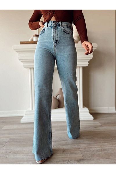Livik Pantaloni de damă Power Lycra, albastru mediu, spălat cu zăpadă, cu talie super înaltă, din lycra, cu picioare largi