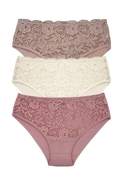 HNX 3-Piece Cotton High Waist Lace Detailed Plus Size Women's Panties
