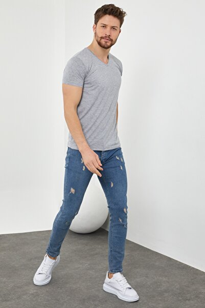 Tarz Cool Ανδρικό μπλουζάκι Lycra σε γκρι V-λαιμόκοψη σε λεπτή εφαρμογή vyktsr05s