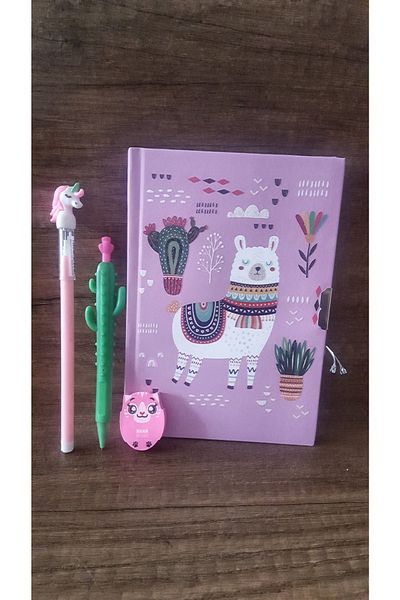ÇİLEKHOMEAVM Lama Locked Souvenir and Diary Notebook Unicorn Versatil Pen-Watermelon Pen-Eraser
