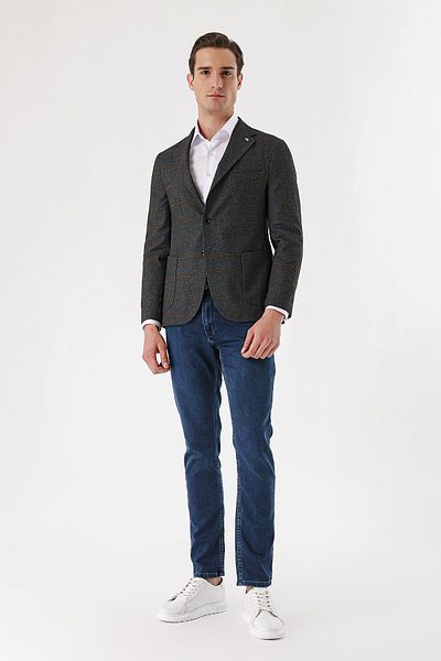 Morven Smoke Colored Men's Slim Fit Jacket - Plaid Pattern and Bag Pocket