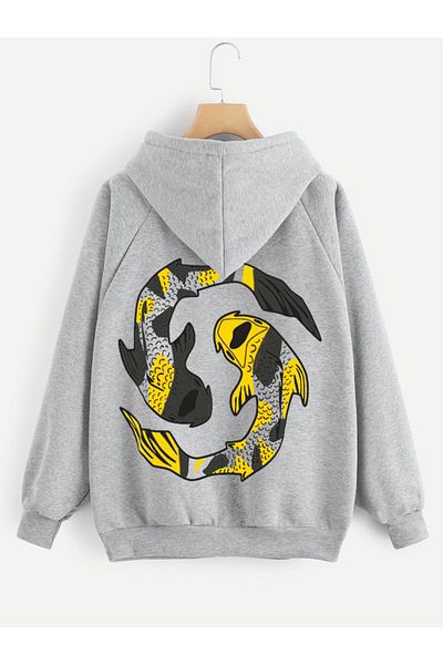 DEEPSENCE Men's Hooded Sweatshirt Fish Back Print Gray