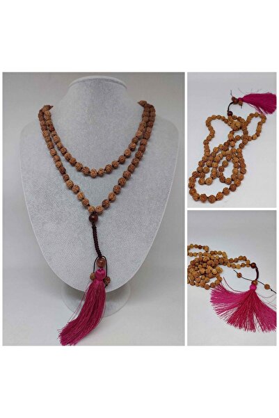 Yasamtohumu Rudraksha Tohumlu Bordo Püsküllü 108'lik Ara Düğümlü el Yapımı Ma...