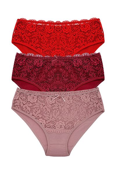 HNX 3-Piece Cotton High Waist Lace Detailed Plus Size Women's Panties