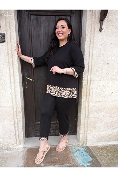 tarzımsüper Plus Size 2-Piece Comfort Model Leopard Pattern Tunic with Trousers Stylish Black Leopard Double Bottom-Top Set