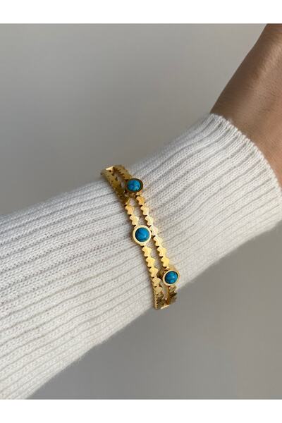 Owentis Çelik Gold Firuze Taşlı Asia Kelepçe -kararma Yapmaz-