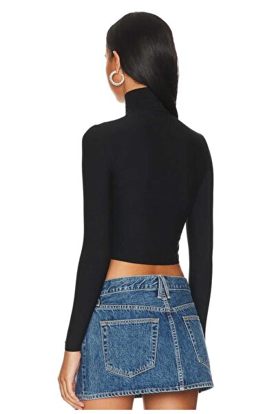 Zagrep Women's Black Half Turtleneck Long Sleeve Silk Jersey Crop