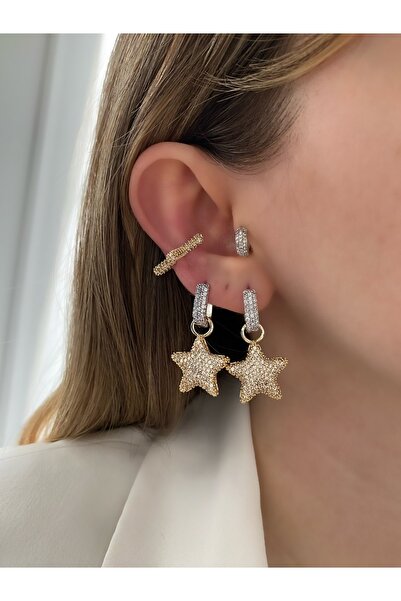 Pinery Jewels Zirkon Taşlı Yıldız Sallantılı Küpe Çifti