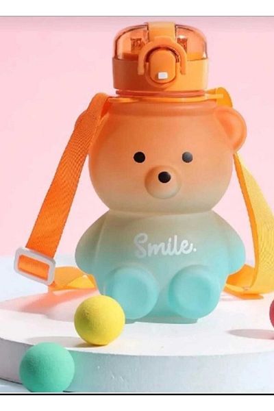 KaramelStore زجاجة مياه نموذجية من Smile Teddy Bear، زجاجة مياه سعة 800 مل من مادة Bpa Freesluk، زجاجة مياه مدرسية للأطفال