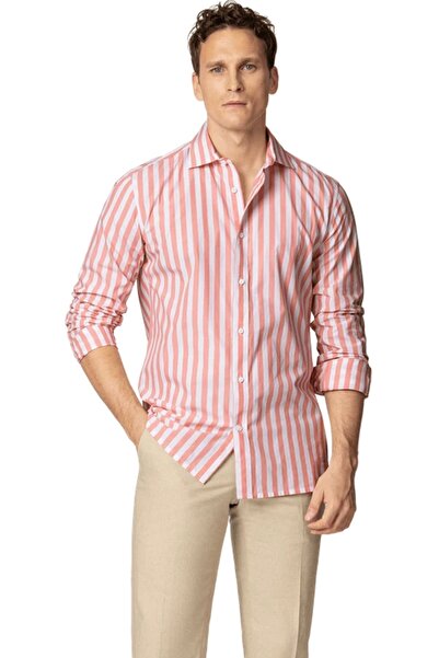 alenmeza Erkek Pembe Çizgili %100 Pamuk Kolay Ütülenebilir Modern Fit Cepsiz ...