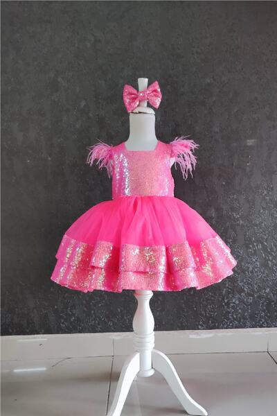 NGS STİL Neon Fuşya Minik Kol Iki Katlı Elbise