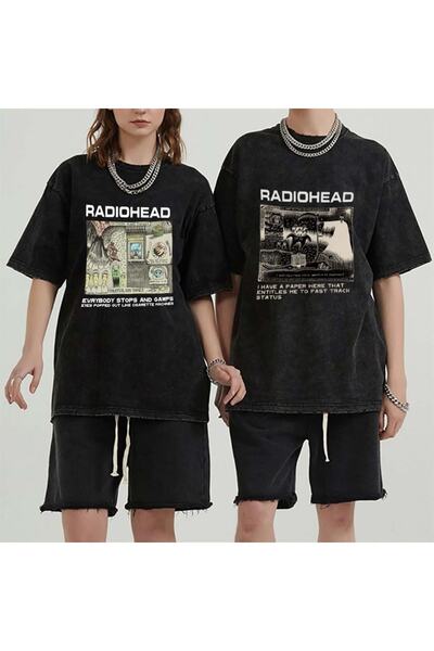 Toum Tricou vintage oversize unisex cu afiș Radiohead spălat cu praf