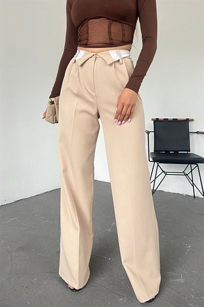 Neşeli Butik Women's Beige Wide Leg Palazzo Fabric Pants Qns036