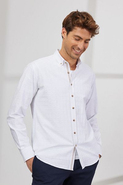 ALTINYILDIZ CLASSICS Men's White Comfort Fit Relaxed Cut Button Collar Dobby 100% Cotton Flared Shirt