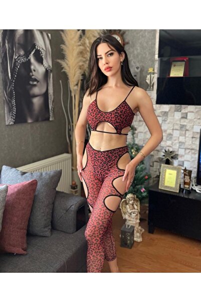 KAYAHAN COLLECTION Kırmızı Leopar Desenli Yanları Yuvarlak Tül Taytlı Takım