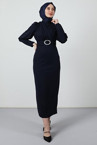 Giza Giyim Yakası Çapraz Elbise Lacivert