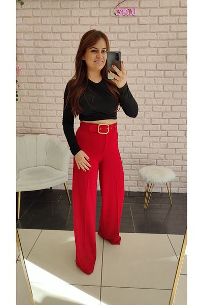 DERİNBOUTIQUE Women's High Waist Gold Belt Corset Effective Recovery Lycra Palazzo Fabric Pants