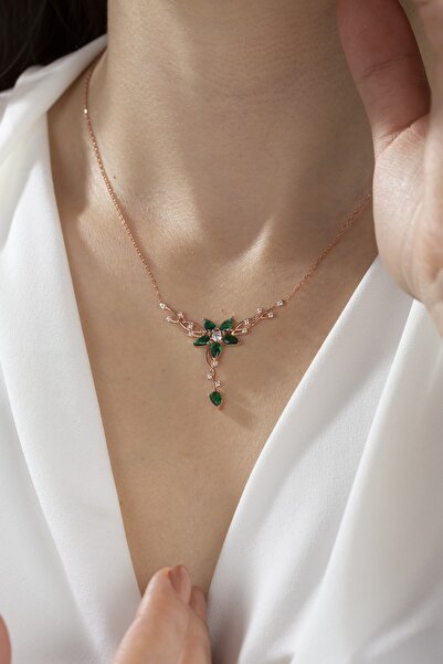 ESSARE 925 Ayar Gümüş Rose Daldaki Gonca Yeşil Çiçek Kolye