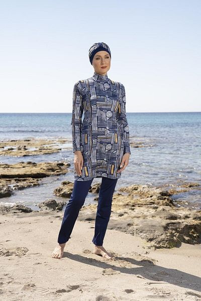 Estiva Women's Digital Patterned Hijab Swimsuit with Fully Covered Trousers