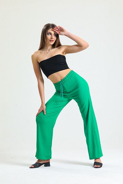 Babelook Women's Green Summer Seersucker Wrap Fabric Wide Leg Trousers