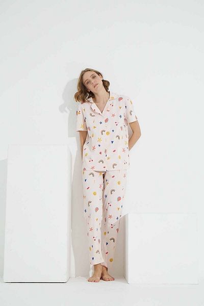 Siyah İnci Set de pijamale tricotate cu nasturi cu model de bumbac