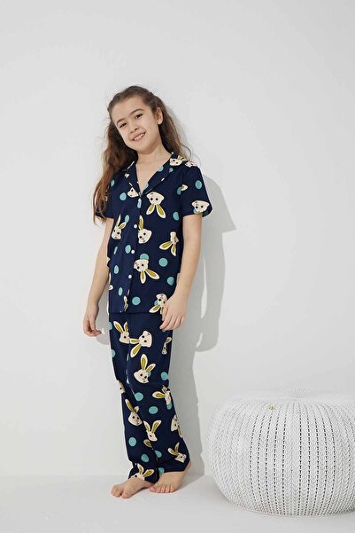Siyah İnci Lacivert Tavşan Desenli Pamuklu Düğmeli Örme Pijama Takım
