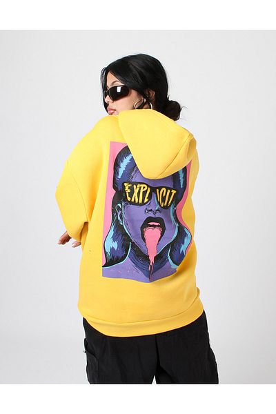 Bak Moda Explicit Back Printed Yellow Oversize Unisex Hooded Sweatshirt